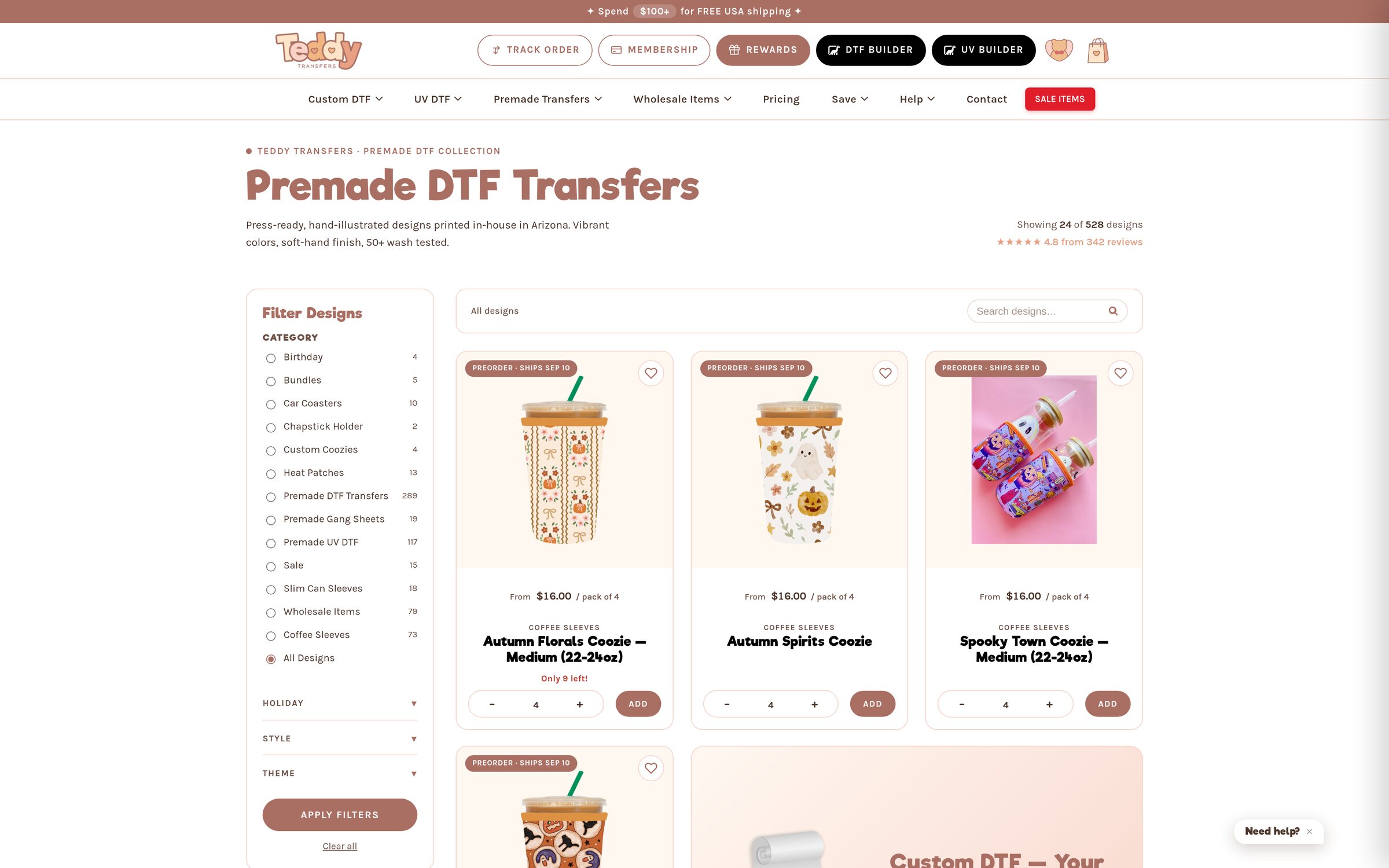 Teddy Transfers premade DTF transfers shop page