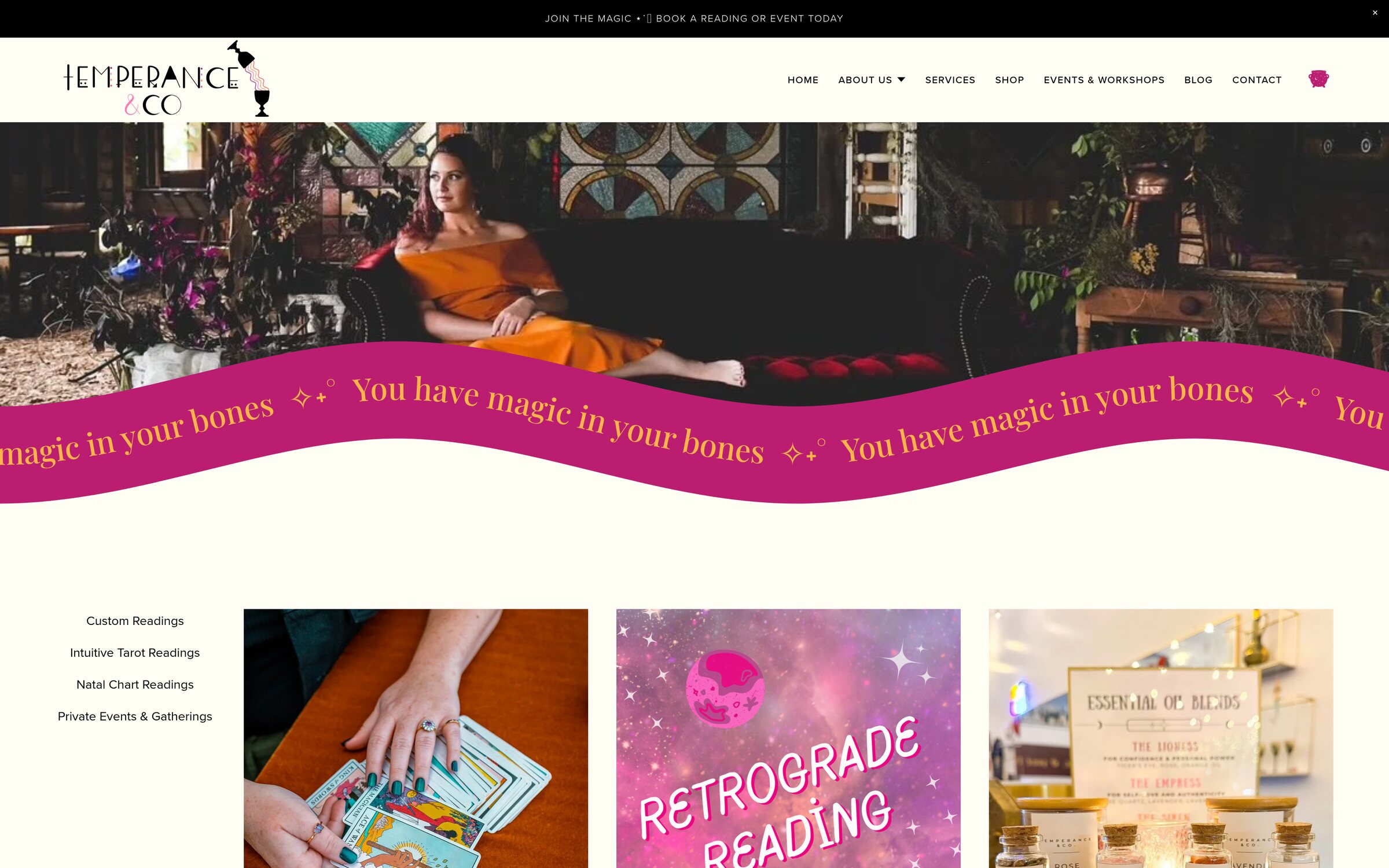 Temperance & Co Services, a category-filtered list of readings with prices and add-to-cart buttons