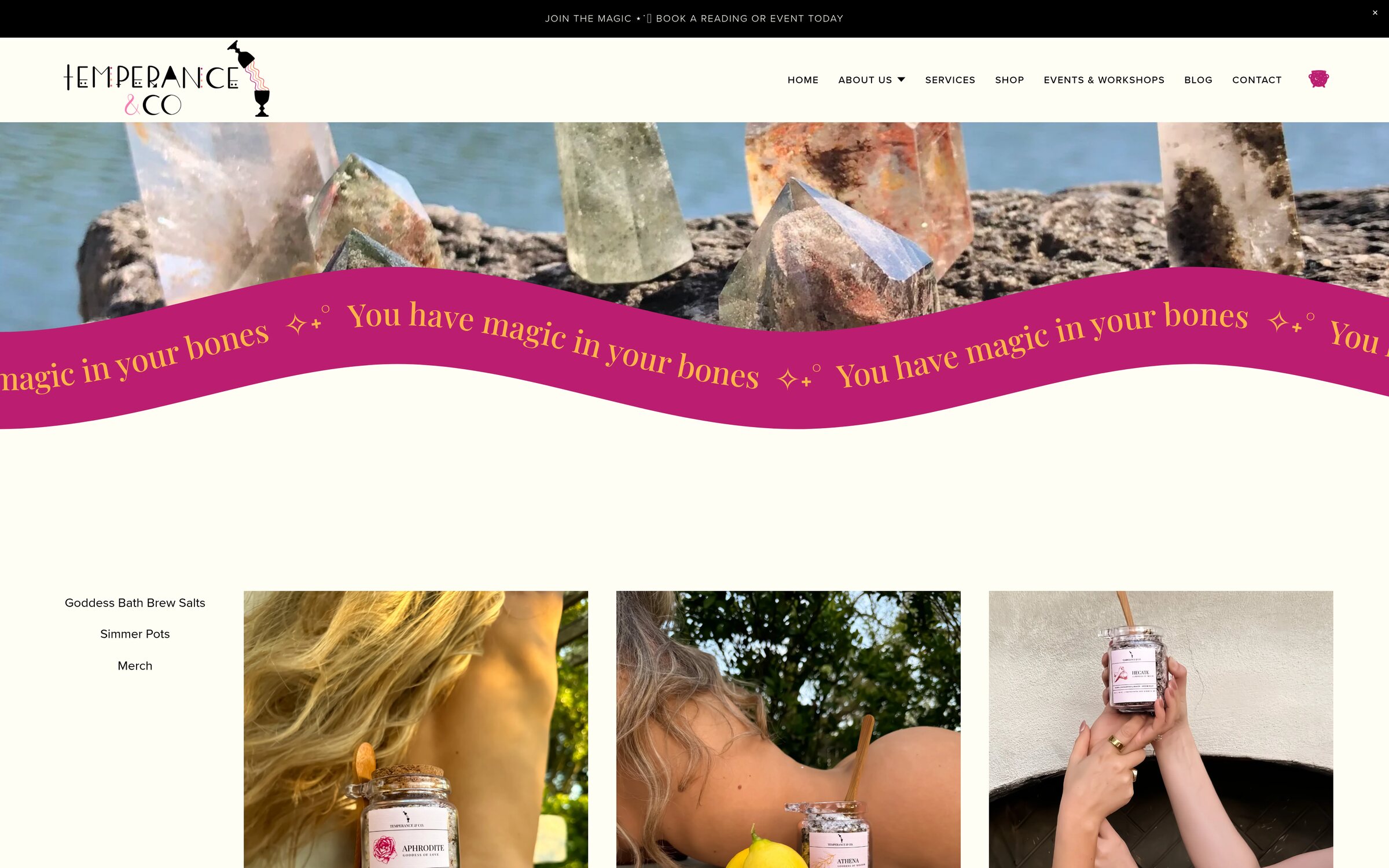 Temperance & Co Shop, a category-filtered grid of bath salts, stickers, crop tops and hats