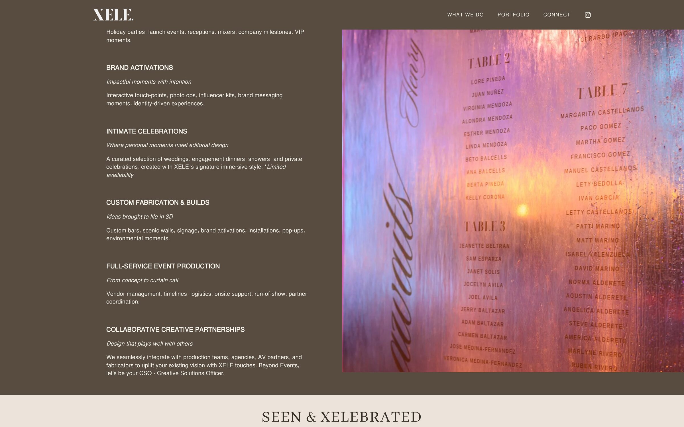 Xele What we do, eight services each with a tagline and a line of detail.