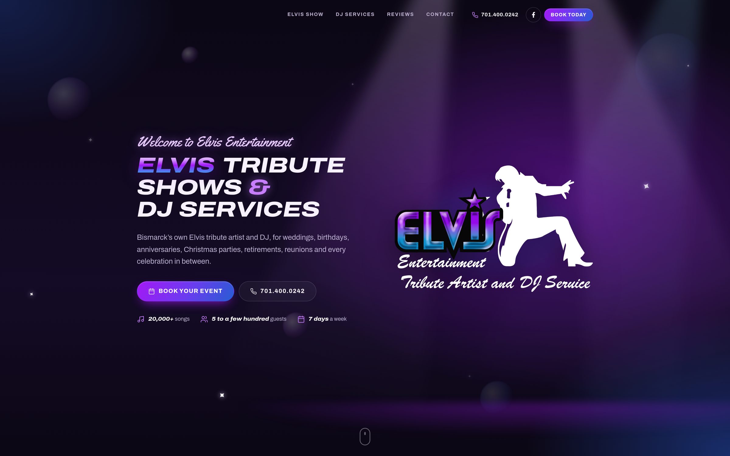 Elvis Entertainment Home page with the stage lights, the logo and the booking buttons