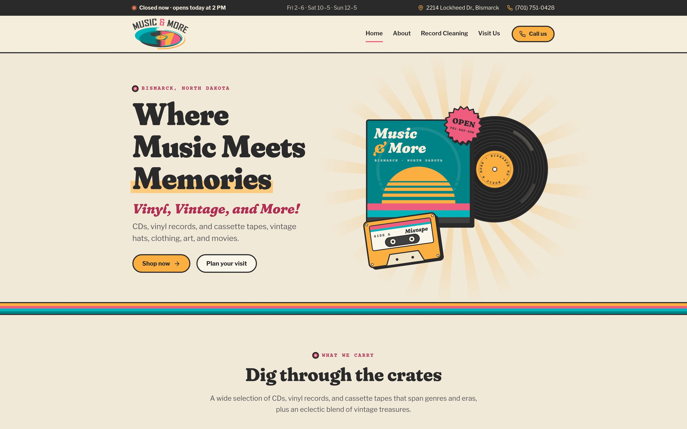 Music & More Home page with the Where Music Meets Memories headline, the record and cassette artwork and the live open or closed status up top