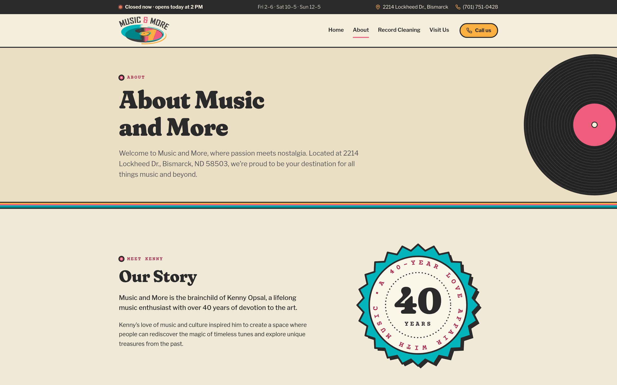 Music & More About page with Kenny's story and the 40-year badge