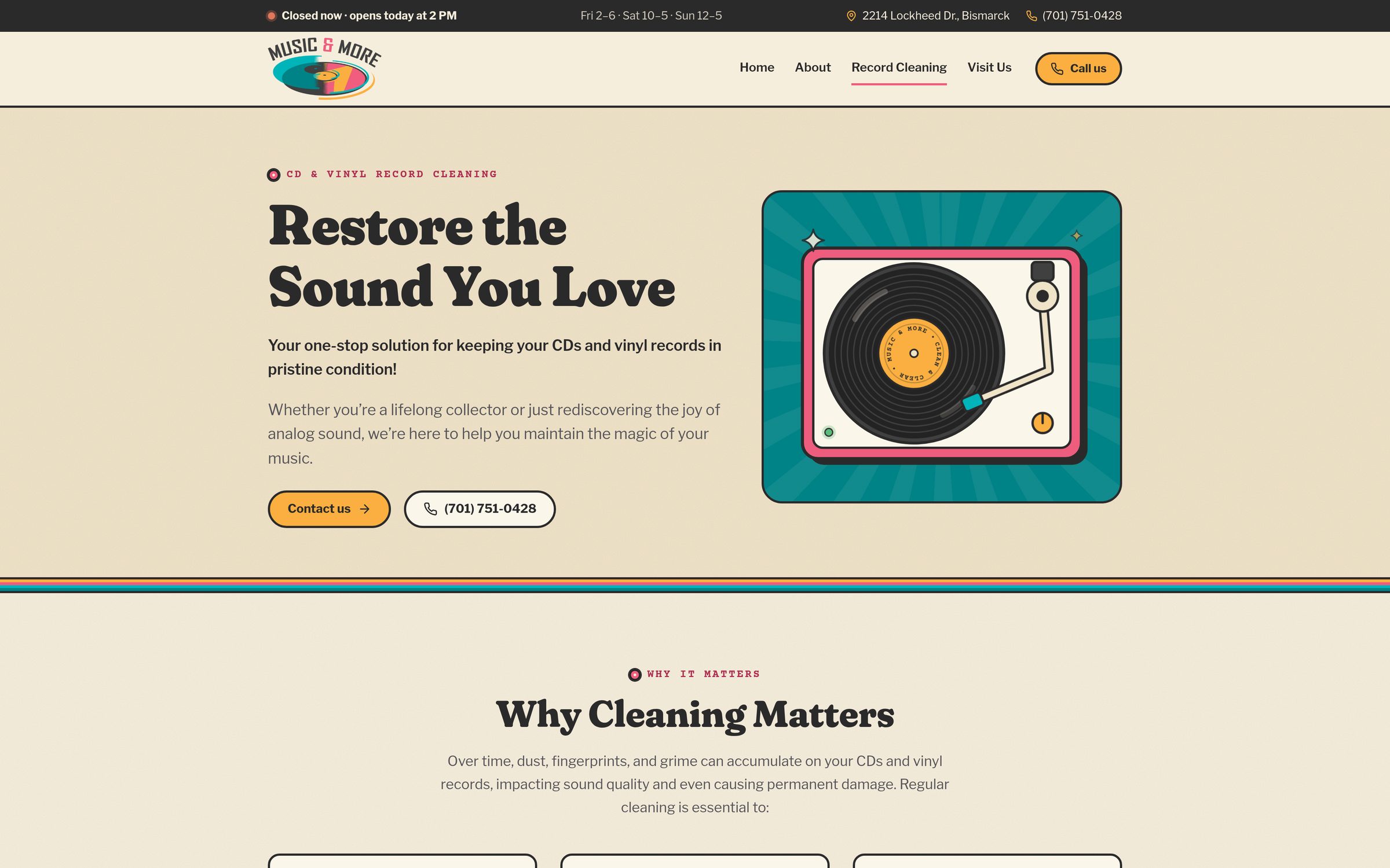 Music & More Record cleaning page with the turntable illustration and why cleaning matters