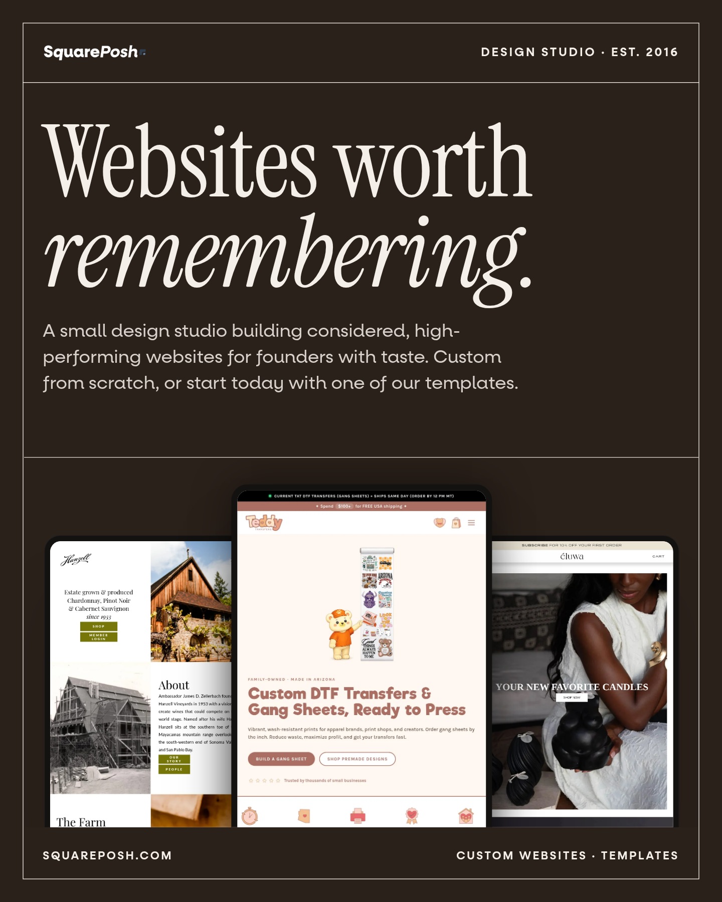 Websites worth remembering.

Squareposh is a small design studio building considered, high-performing websites for found