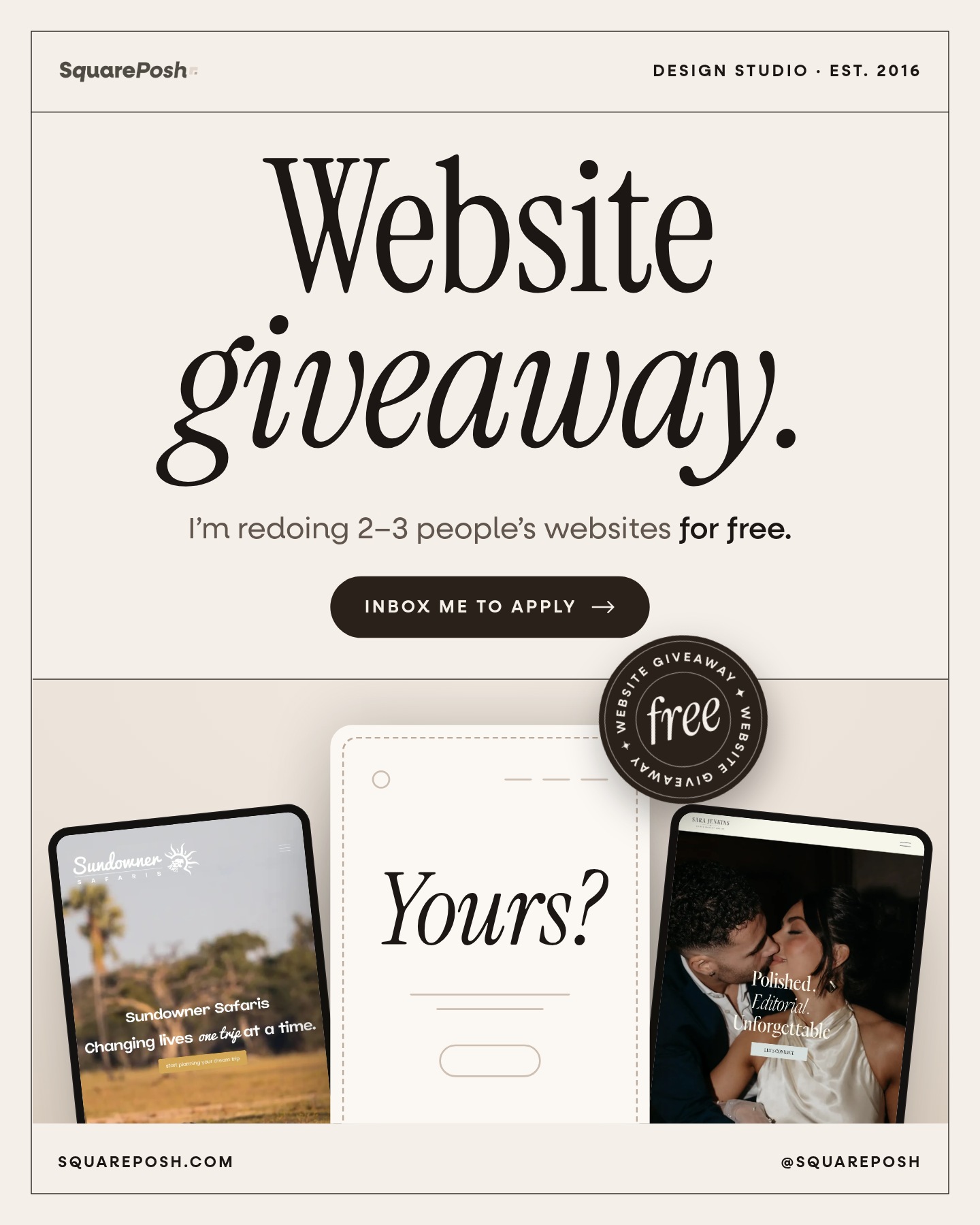WEBSITE GIVEAWAY

I’m redoing 2–3 people’s websites for free.

Inbox me to apply.

#squareposh #websitegiveaway #website